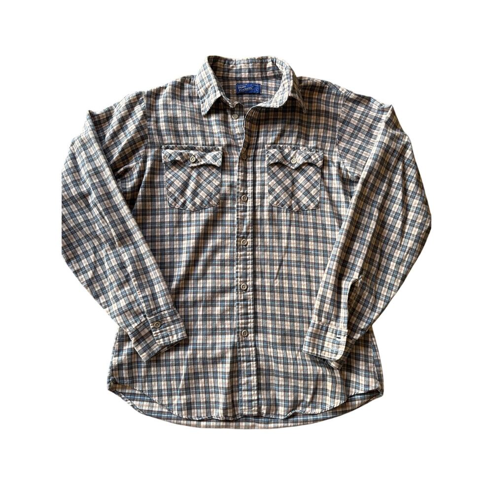 Vintage JCPenney Plain Pockets Blue Brown Beige Plaid L Tall Flannel Button Up